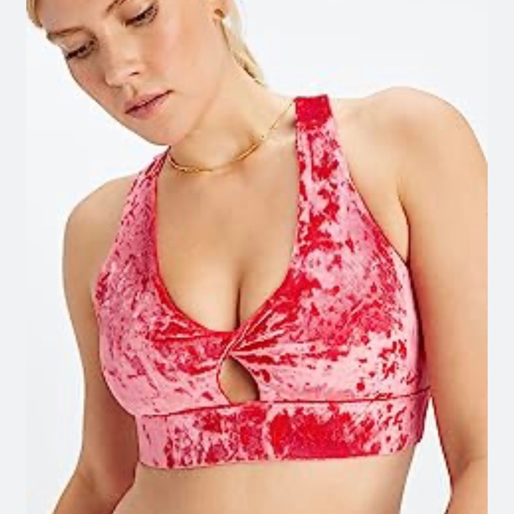 Fabletics Vanessa Hudgens collection Oasis Crushed Velour Twist Sports Bra red